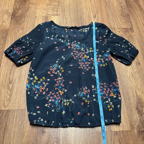 Zara Basic Womens Navy Blue Floral Puff Sleeve Crew Neck Blouse Size XS - Picture 8 of 9
